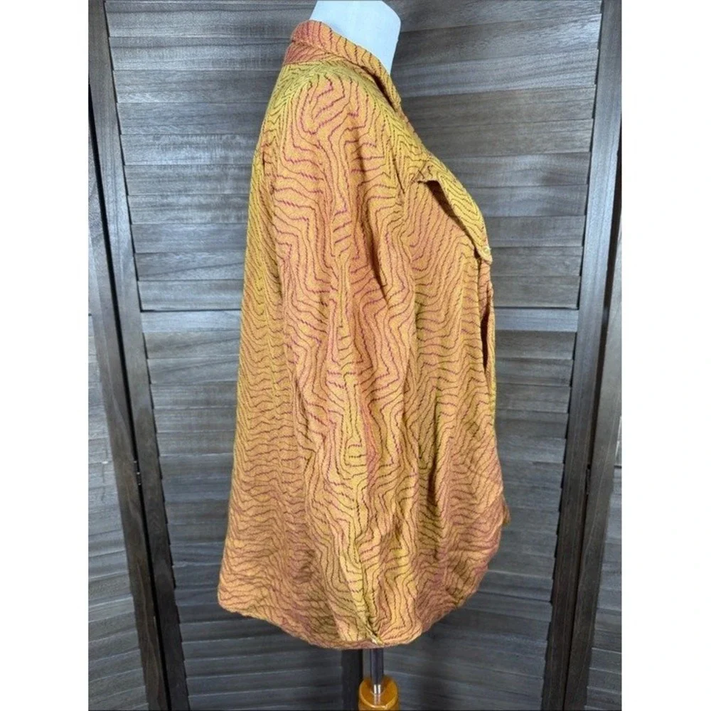 Vivanni Vintage Draped Front Button Down Blouse Orange Magenta‎ Wavy Textured L